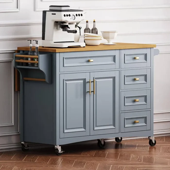 Rolling Blue Drop Leaf Wood Tabletop 52 in. Kitchen Island Cart with Adjustable Shelf, 2 Doors and 5 Drawers
