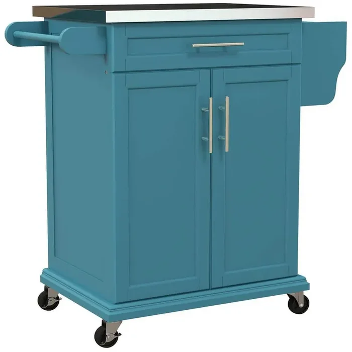 Rolling Kitchen Island on Wheels with Drawer, Spice Rack, Blue