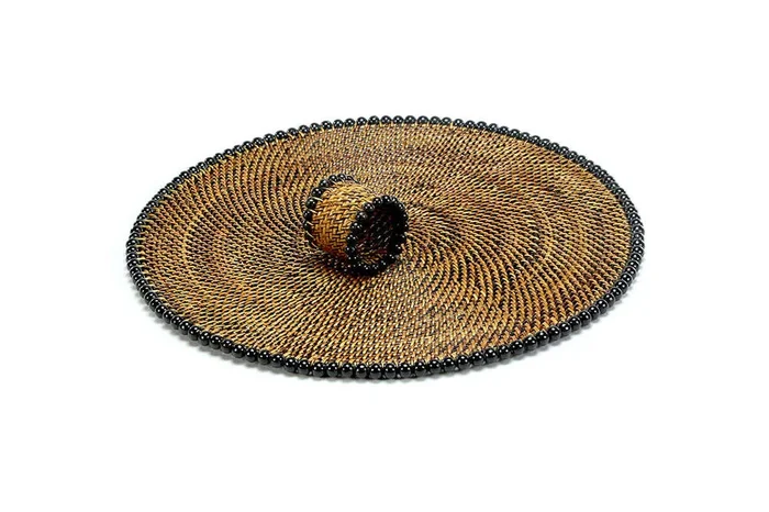 Round Placemat and Napkin Ring with Black Wood Beads – Set of 4 by Cal