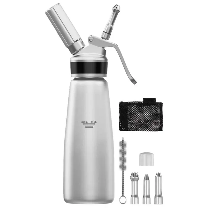 Silver Whipped Cream Dispenser, 500ml Aluminum Cream Whipper with 3 Stainless Decorating Nozzles, Brush and Storage Bag