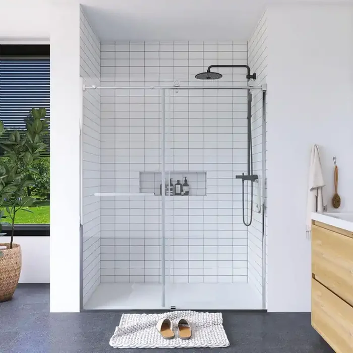 Single Sliding Semi-Frameless Shower Door in Chrome Finish with Tempered Glass 60 in. W x 75 in. H