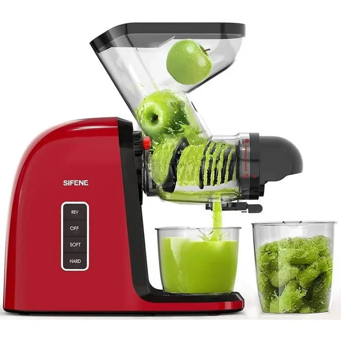 Slow Masticating Juicer Machines, 3 in. Dual Wide Chute, Cold Press Juicer for Celery, Fruits, Vegetables (Red)