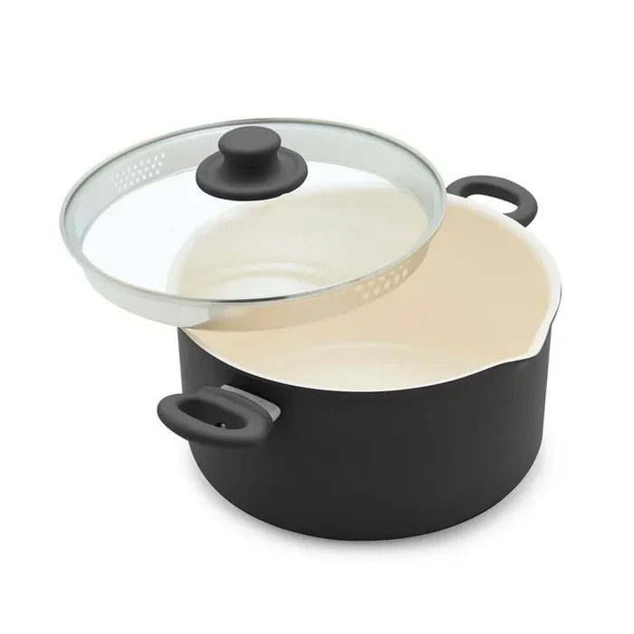 Soft Grip 6 qt. Ceramic Nonstick Stockpot with Glass Straining Lid in Black