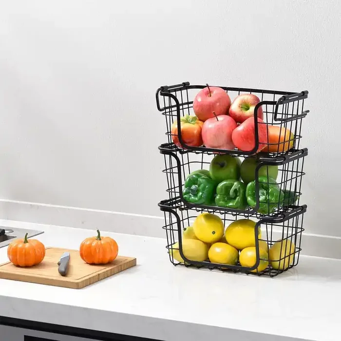 Stackable Metal Wire Storage Basket Set for Pantry, Countertop, Kitchen or Bathroom – Black (Set of 3)