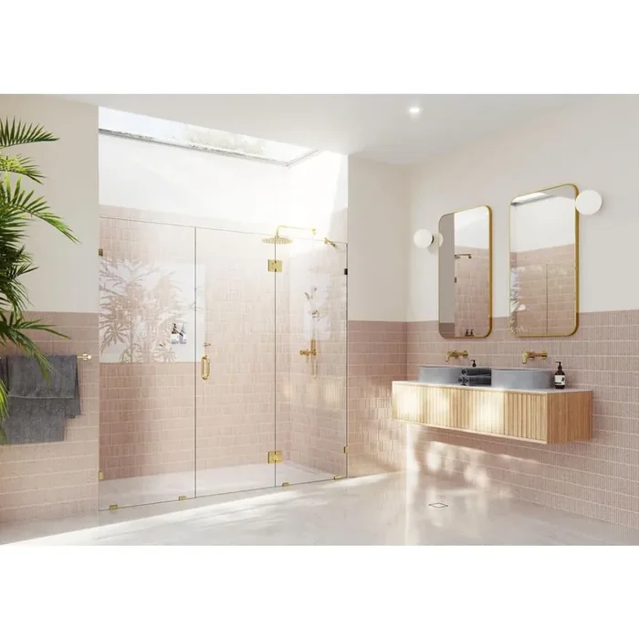 Stellar 100.5 in. W x 78 in. H Glass Hinged Pivot Frameless 3-Panel Inline Shower Door in Polished Brass