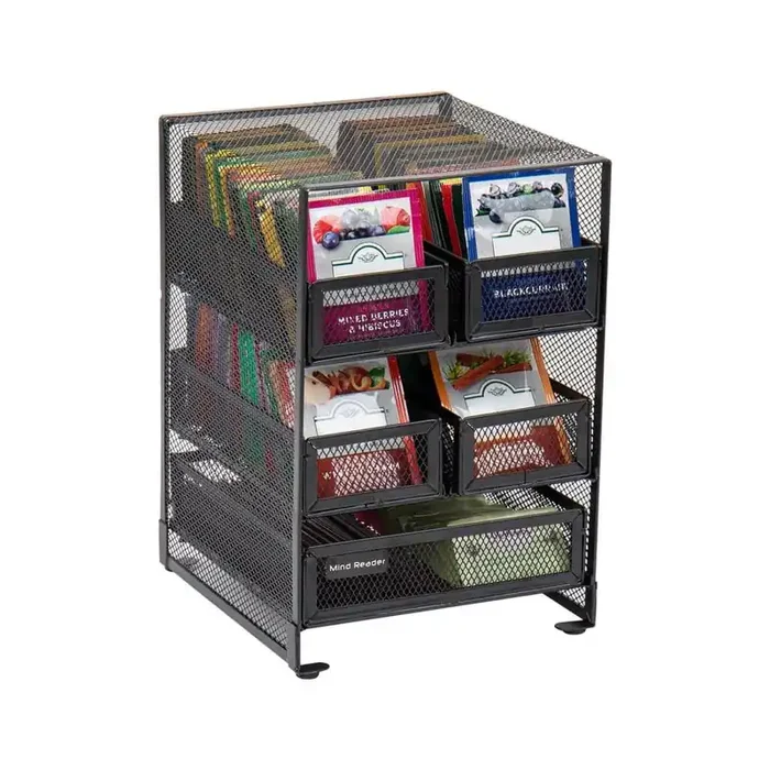 Tea Bag Organizer Tea Station Organizer Countertop Storage Metal 7 in. L x 6.75 in. W x 10 in. H, Black