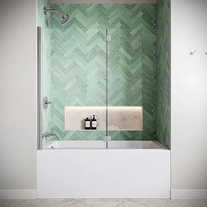 Timavo 39.4 in. W x 55 in.H Frameless Pivot Fixed Tub Door in Polished Chrome w/ CrystalTech Treated 1/4 in. Clear Glass