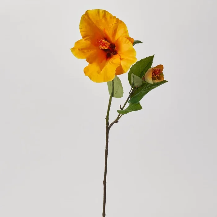 Tropical Yellow Hibiscus Spray Bloom & Bud Faux Floral Stem – 26″