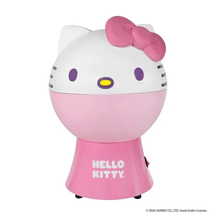 Uncanny Brands 1200W Hello Kitty Pink and White Hot-Air Popcorn Machine, 3 oz kernel capacity.