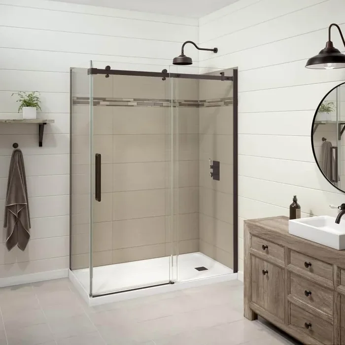 Utile Origin 32 in. x 60 in. x 83.5 in. Right Drain Corner Shower Kit in Greige with Dark Bronze Shower Door