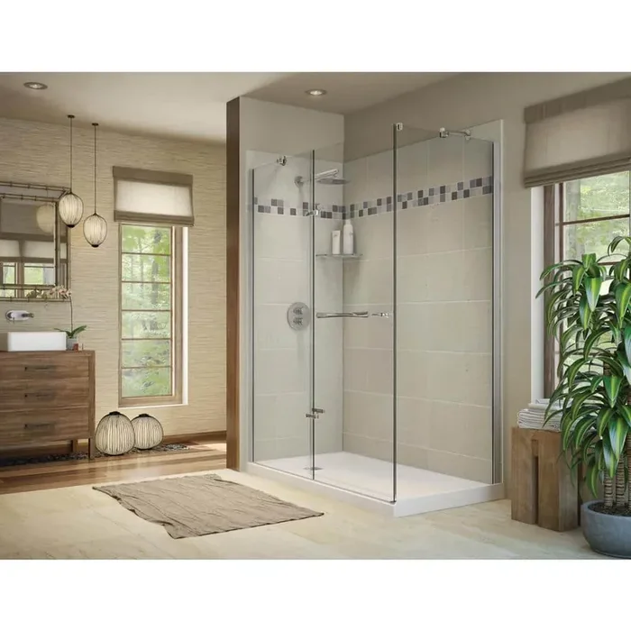 Utile Stone 32 in. x 60 in. x 83.5 in. Corner Shower Stall in Sahara with Left Drain Base in White