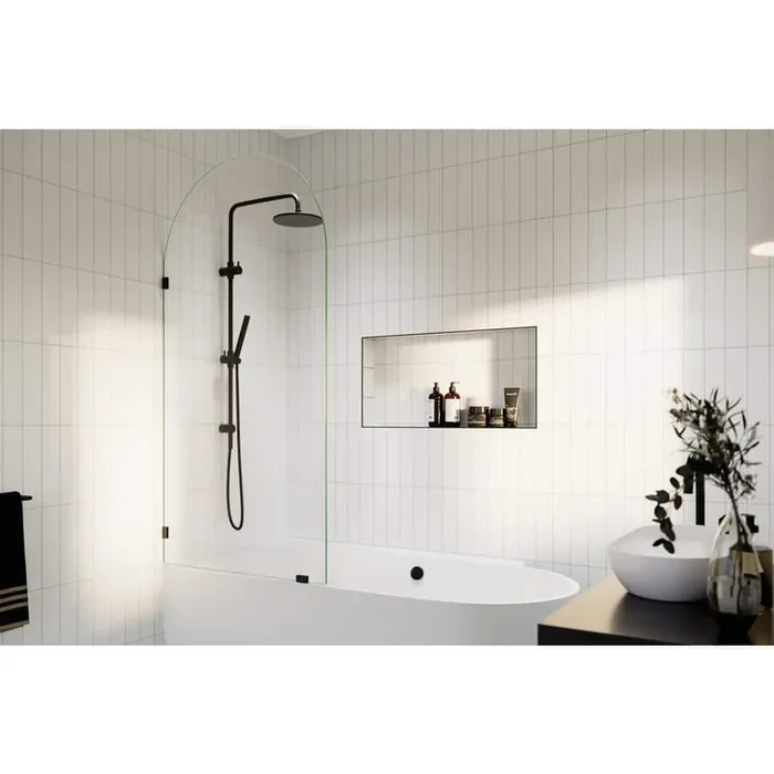 Venus 34 in. W x 66.75 in. H Single Fixed Frameless Arched Tub Door in Matte Black without handle