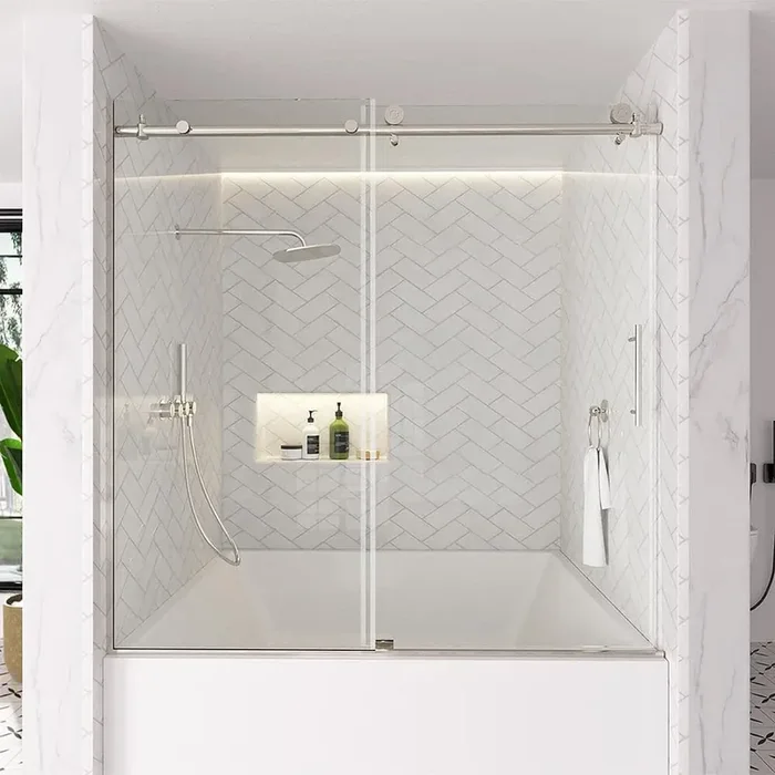 Verie 60 in. W x 60 in. H Frameless Sliding Tub Door in Chrome with 1/4 in. Clear Tempered Glass