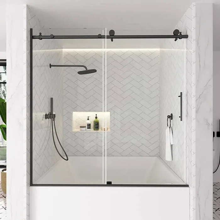 Verie 60 in. W x 60 in. H Frameless Sliding Tub Door in Matte Black with 1/4 in. Clear Tempered Glass
