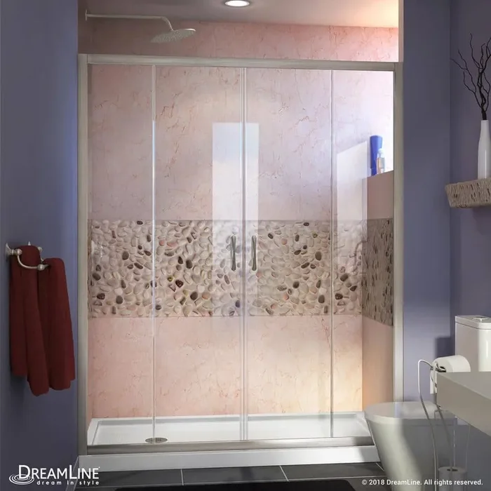 Visions 60 in. W x 30 in. D x 74-3/4 in. H Semi-Frameless Shower Door in Brushed Nickel with White Base Left Drain