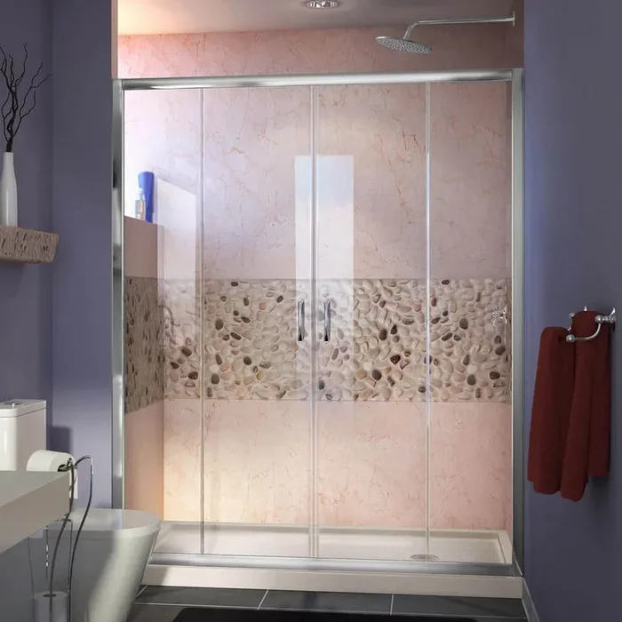 Visions 60 in. W x 34 in. D x 74-3/4 in. H Semi-Frameless Shower Door in Chrome with Biscuit Base Right Drain