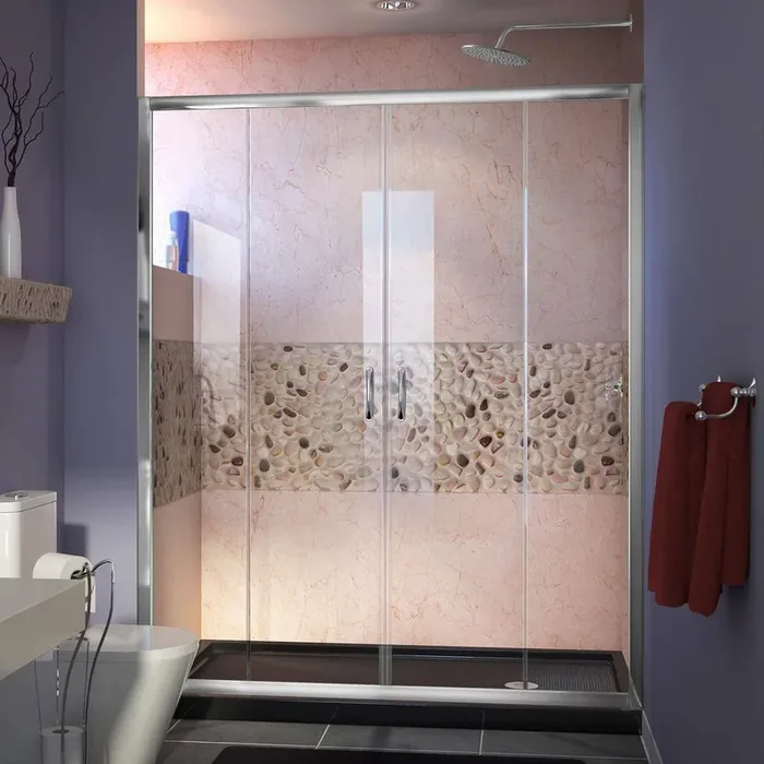 Visions 60 in. W x 34 in. D x 74-3/4 in. H Semi-Frameless Shower Door in Chrome with Black Base Right Drain