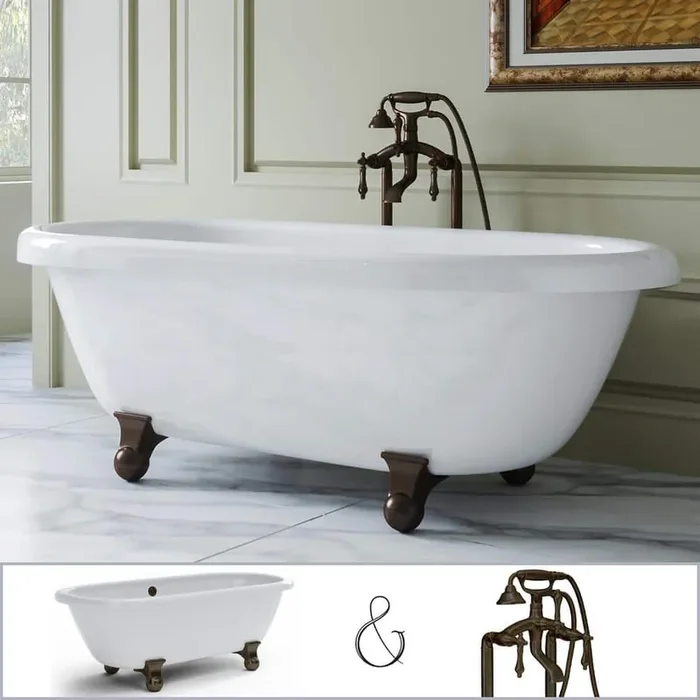 W-I-D-E Series Dalton 60 in. Acrylic Clawfoot Bathtub in White, Cannonball Feet, Floor-Mount Faucet in Oil Rubbed Bronze