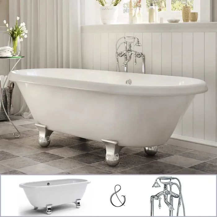 W-I-D-E Series Dalton 60 in. Acrylic Clawfoot Bathtub in White, Cannonball Feet, Floor-Mount Faucet in Polished Chrome
