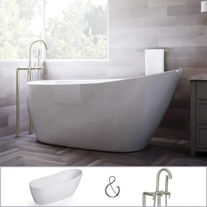 W-I-D-E Series Wakefield 60 in. Acrylic Slipper Freestanding Tub in White, Floor-Mount Faucet in Brushed Nickel