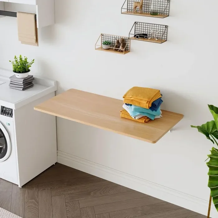 Wall Mounted Folding Table, Laundry Room Folding Table for Small Spaces, Workbench for Garage, Office, Kitchen in Brown