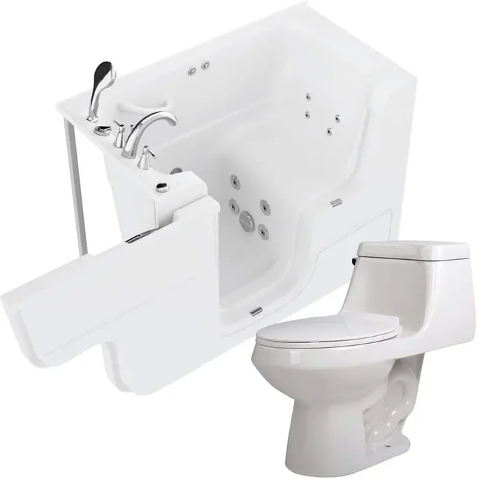 Wheelchair Accessible 53 in. Walk-In Whirlpool Bathtub in White with 1.28 GPF Single Flush Toilet