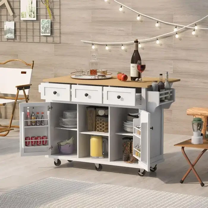 White Foldable Rubber Wood Drop-Leaf Countertop 53.1 in. W Kitchen Island on Wheels with Storage Cabinet