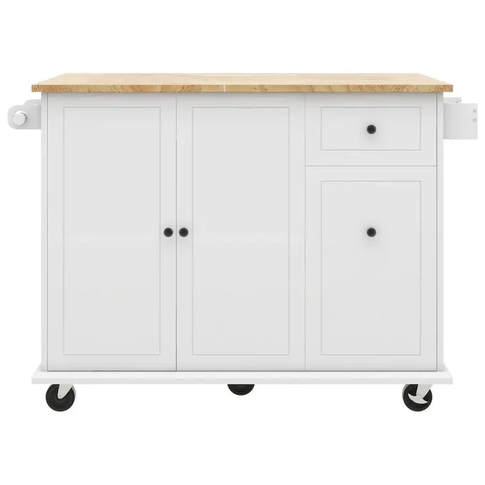White Kitchen Cart with Drop-Leaf Rubber Wood Countertop and Cabinet Door Internal Storage Racks