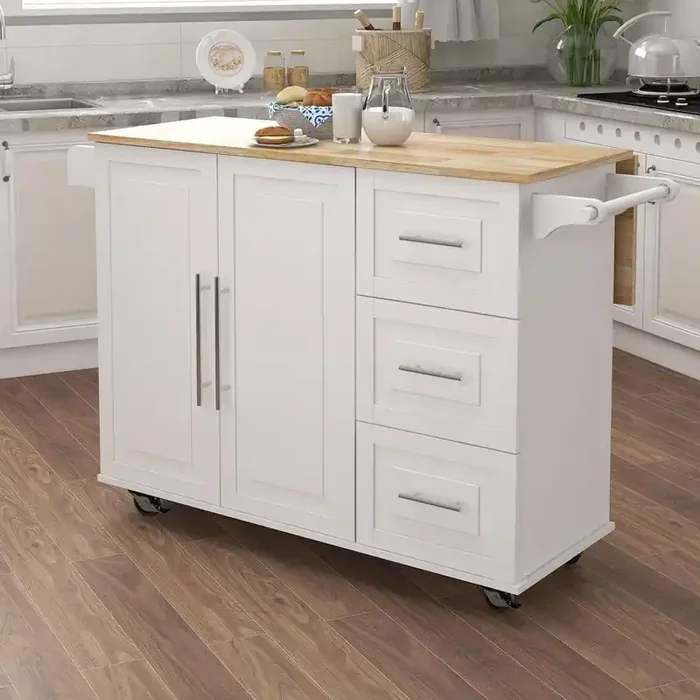 White Kithcen Island with Spice Rack and Towel Rack, MDF Kitchen Island with Solid Wood Folding Table Top