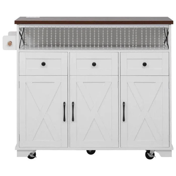 White MDF Kitchen Cart with Drop Leaf, 3 Doors, 3 Drawers and Internal Iron Shelf