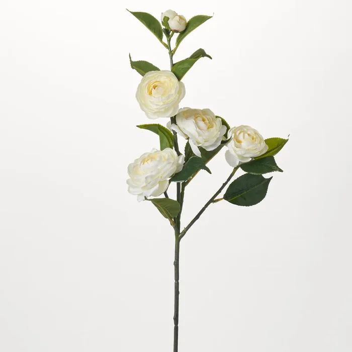 White Silk Camellia Bloom & Bud Faux Floral Stem Spray – 30″