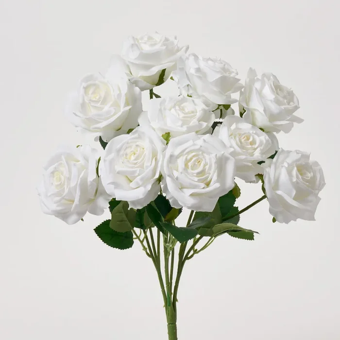 White Silk Rose Bloom Bush Spray Faux Floral Stem Bouquet – 18″