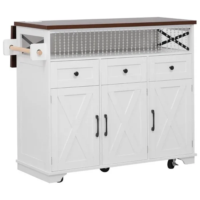 White Wood 46 in. Farmhouse Kitchen Island, Kitchen Cart with Drape of Beads, Drop Leaf Top, Power Outlet and 3 Drawers