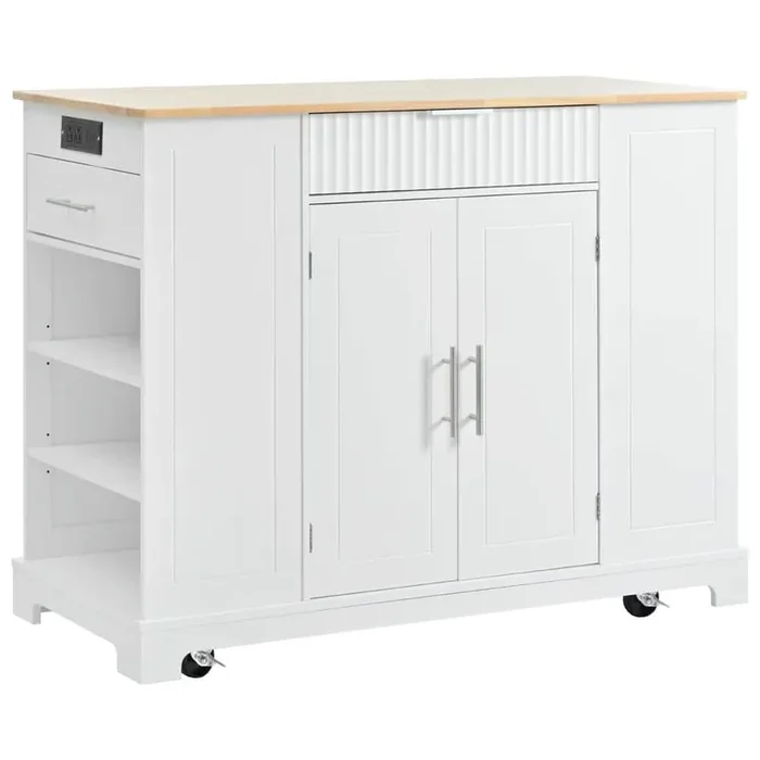 White Wood 48.5 in. Rolling Kitchen Island with Trash Can Storage Cabinet, Power Outlet, 3 Drawers and 5 Wheels