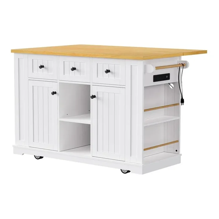 White Wood 53.14 in. Kitchen Island Cart with Drop Leaf, Power Outlet, 3-Storage Drawers and 5-Side Racks