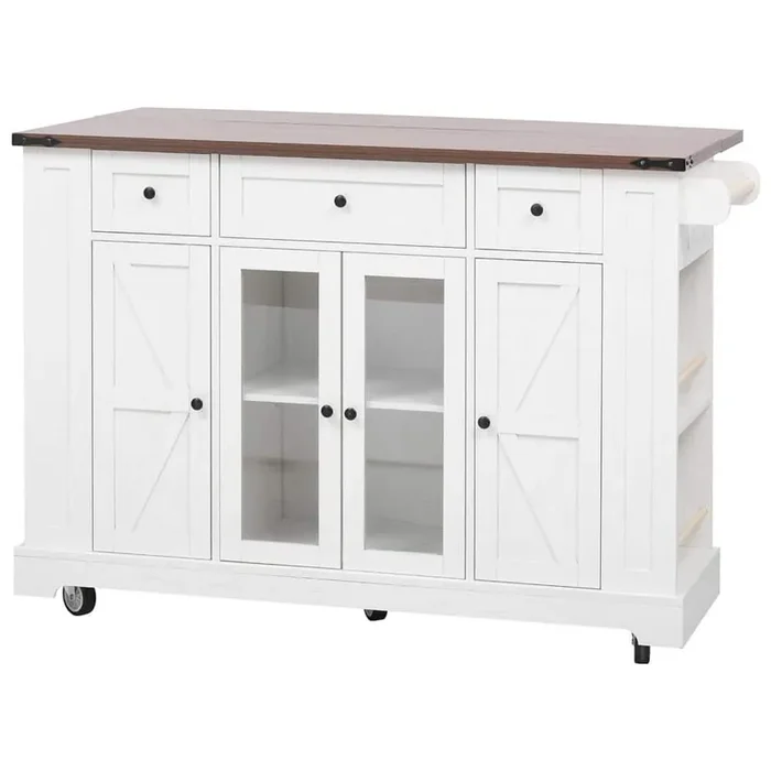 White Wood 53 in. Farmhouse Kitchen Island on Wheels with Drop Leaf, Glass Door Cabinet, 3 Drawers and Towel Rack