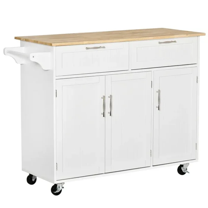 White Wood Top 43.75 in. Kitchen Island with Adjustable Shelves and Towel Rack, Storage Drawers, 3-door Cabinets