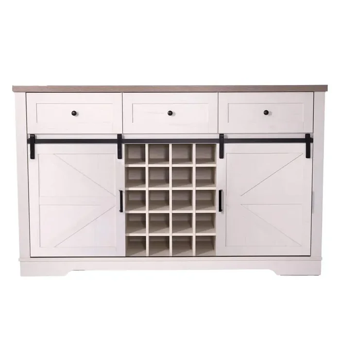 White Wood Top 58 in. Kitchen Island Buffet Sideboard with Sliding Barn Doors, Wine Rack, Drawers, and Shelves