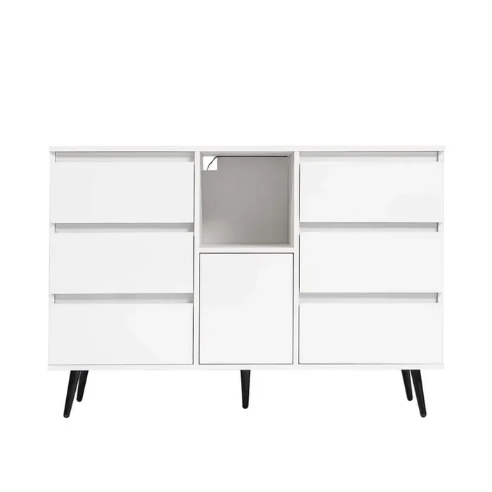 White Wooden 6-Drawer Buffet Sideboard Display Storage Cabinet with Open Shelf and 16 Colour LED Lights