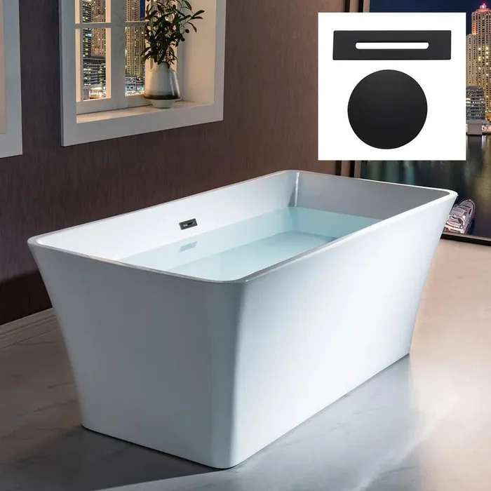 Wigston 59 in. Acrylic Freestanding Flat Bottom Double Ended Tub with Matte Black Drain and Overflow Included in White
