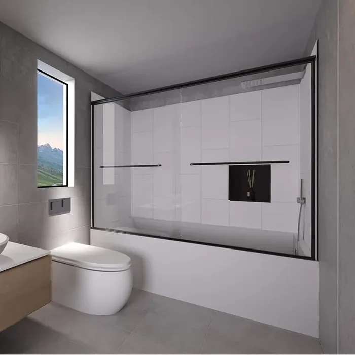 Winter White-Rainier 60 in. L x 30 in. W x 83 in. H Rectangular Tub/ Shower Combo Unit in Matte Black Right Drain
