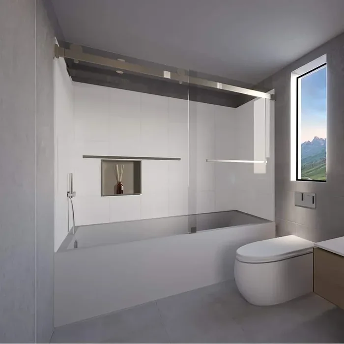 Winter White-Tetherow 60 in. L x 30 in. W x 83 in. H Rectangular Tub/ Shower Combo Unit in Brushed Nickel Left Drain
