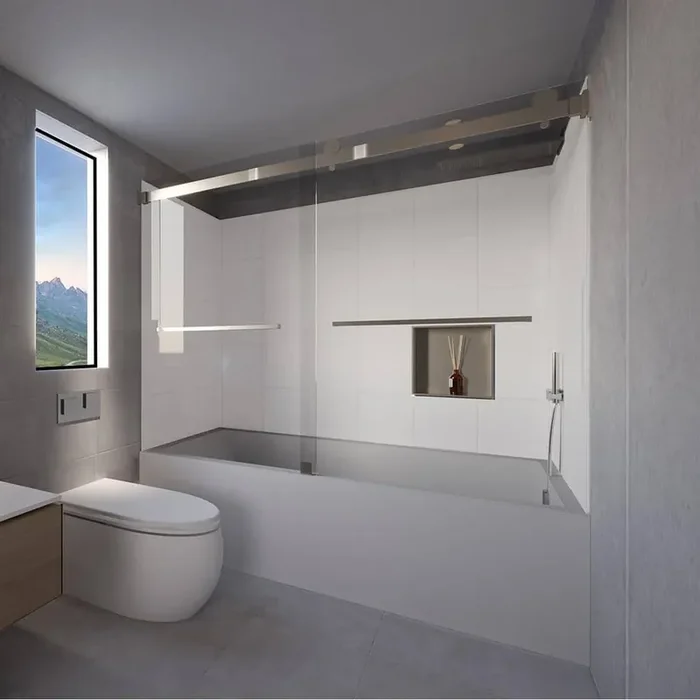 Winter White-Tetherow 60 in. L x 36 in. W x 83 in. H Rectangular Tub/Shower Combo Unit in Brushed Nickel Right Drain