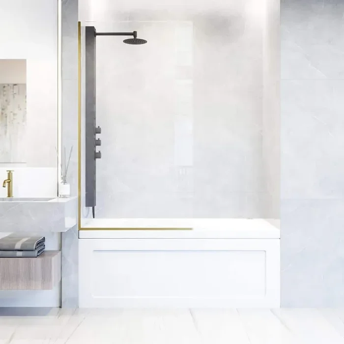 Zenith 34 in. W x 62 in. H Frameless Fixed Tub Screen Door in Matte Brushed Gold with 3/8 in. (10mm) Clear Glass