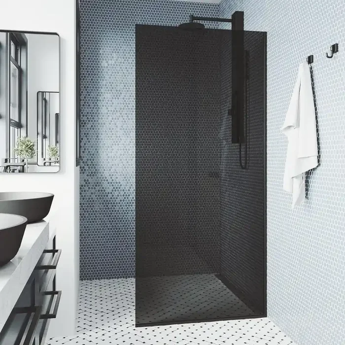 Zenith 34 in. W x 74 in. H Frameless Fixed Shower Screen Door in Matte Black with 3/8 in. (10mm) Black Tint Glass