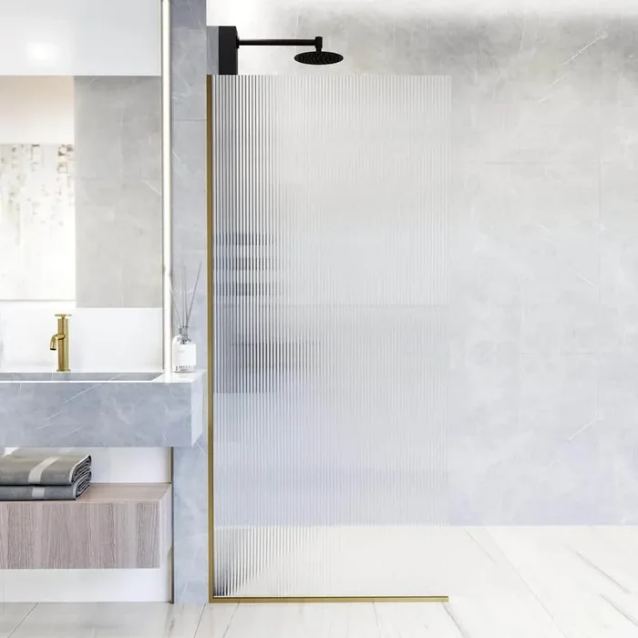Zenith 34 in. W x 74 in. H Frameless Fixed Shower Screen Door in Matte Brushed Gold with 3/8 in. (10mm) Fluted Glass