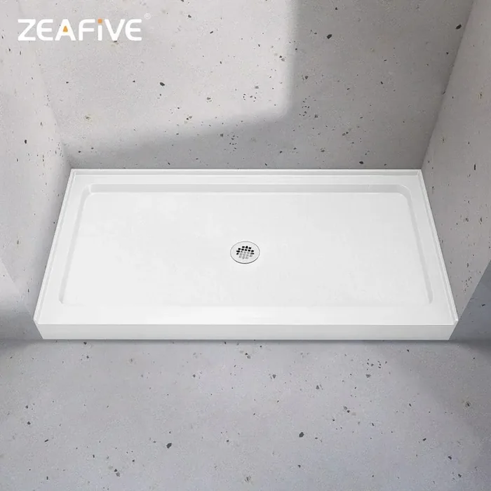 Zeno 60 in. L x 30 in. W Single Threshold Alcove Shower Pan Base with Center Drain in White Acrylic Non-Slip Shower Tray