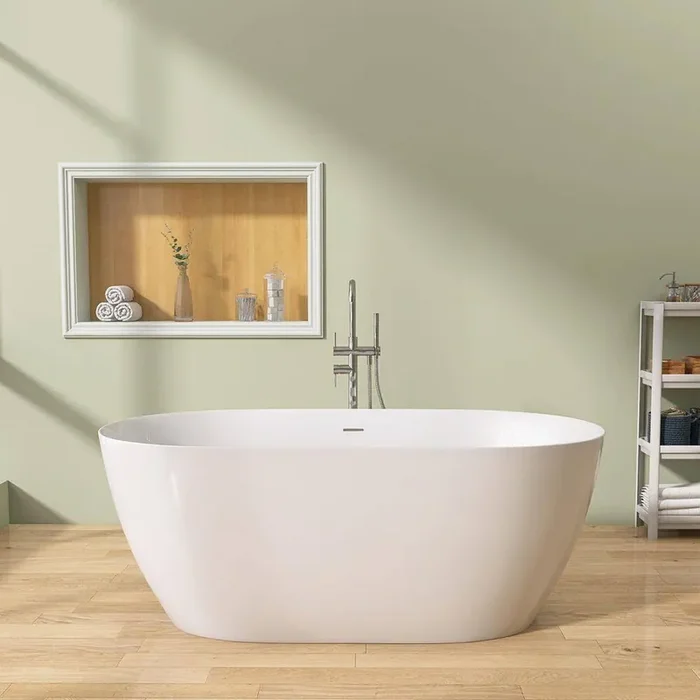 Zey 63 in. x 30 in. Acrylic Freestanding Soaking Bathtub Flatbottom Oval Stand Alone Tub with Removable Drain in White