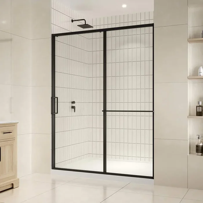Zora 60 in. Max Width x 78 3/4 in. H Alcove Sliding Framed Shower Door in Black Finish with Integrated Towel Bar