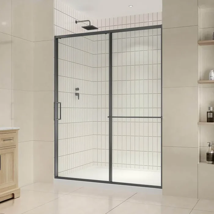 Zora 60 in. Max Width x 78 3/4 in. H Alcove Sliding Framed Shower Door in Gun Metal Finish with Integrated Towel Bar